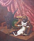 Bild Gemälde - A. C. unbekannt - Affe kitzelt Katze