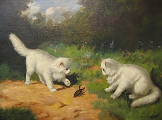 Bild Gemälde - Nadas Agi - 2 weisse Katzen und 1 Hirschkäfer