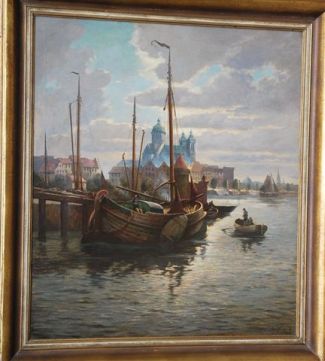 Bild Gemälde - Oskar Becker - Hafen mit alten Kränen