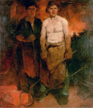 Bild Gemälde Georg Dickmais Zwei Gießarbeiter