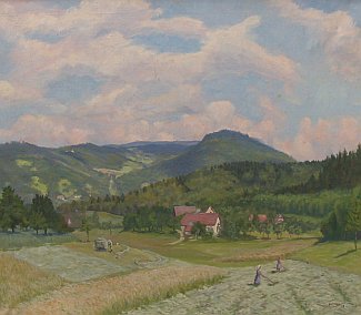 Bild Gemälde, Elisabeth Ermel, Hessische Landschaft Heuernte