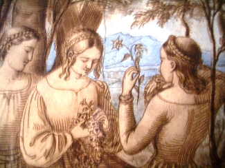 Bild Gemälde - Ludwig Emil Grimm - Drei Mädchen und zwei Putten unter Bäumen und Blumen