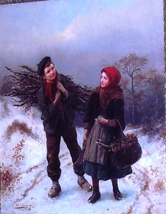 Bild Gemälde - Prof Carl Wilhelm Hübner - Die Reisigsammler im Winter 1873