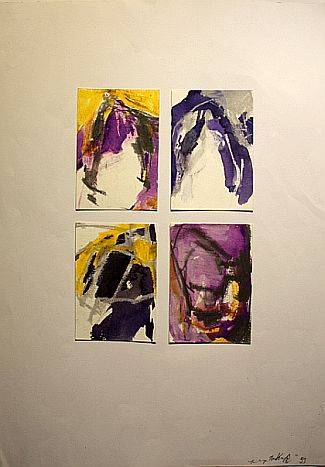 Bild Gemälde - Kim Jung Im - Vier Aquarelle - Kompositionen in lila, violett, blau gelb und Scharz, 93