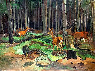 Bild Gemälde - Karl Lotze - Hirsch mit 2 Kühen im Wald
