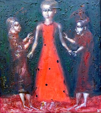 Bild Gemälde - Andrei Medwedew - im roten Kleid mit 2 Bewunderern