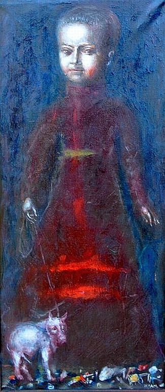 Bild Gemälde - Andrei Medwedew - Im roten Kleid mit Hündchen / Ferkel an der Leine