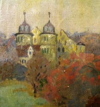 Bild Gemälde - Meyer-Moringen Helen - Drei Braune und zwei Schimmel auf der Burgwiese unterhalb der Sababurg