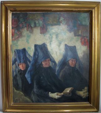 Bild Gemälde - Karl Mons - Drei Schwälmerinnen in der Schönber Kapelle Röllshausen