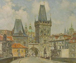 Bild Gemälde, Ludwig Muhrmann, Prag - berühmtes Tor mit Brücke