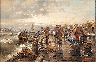Bild Gemälde - Francis Paulus - Fischer am Kai bei bewegter See