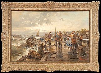 Bild Gemälde - Francis Paulus - Fischer am Kai bei bewegter See