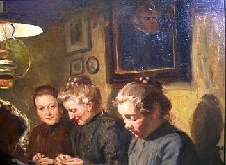 Bild Gemälde - Heinrich Pforr - Fröhöiche Strickerinnen in der Essecke des Hauses Pforr