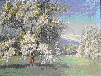 Bild Gemälde - Lonny von Plänckner - Blühende Obstbäume am Alpenrand
