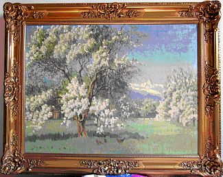 Bild Gemälde - Lonny von Plänckner - Blühende Obstbäume am Alpenrand