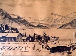 Bild Gemälde - Karl Schlageter - Häuser, See , Berge