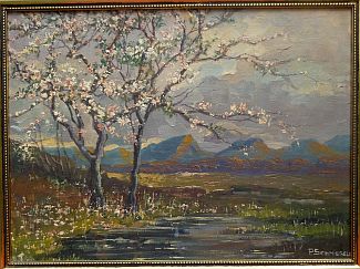 Bild Gemälde - Pedro Schmiegelow - Blühende Obstbäume vor Rhönpanorama