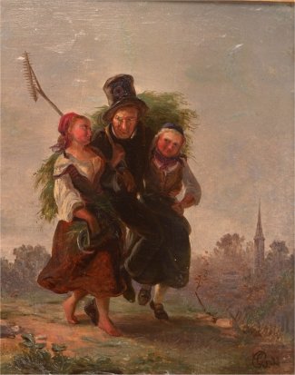 Bild Gemälde "Hessische Mädchen tragen Zylinderträger"