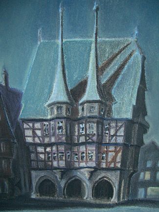 Bild Gemälde - Meister vom Alsfelder Rathaus - Alsfelder Rathaus mit städtischem Weinhaus bei Vollmond