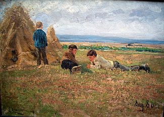 Bild Gemälde - Emil Zimmermann - Drei Jungen am Strohhaufen wohl auf der Hochebene bei Willingshausen