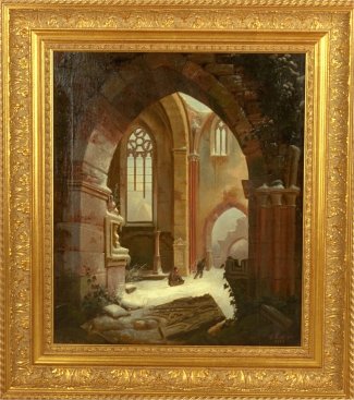 Bild Gemälde Carl Fink Finck Zwei Personen in der verschneiten Totenkirche