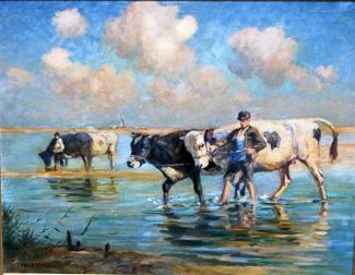 Bild Gemälde - Johann Daniel Holz - Hirte mit Kühen in der Schwemme