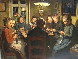 Bild Gemälde - Heinrich Pforr - Fröhöiche Strickerinnen in der Essecke des Hauses Pforr