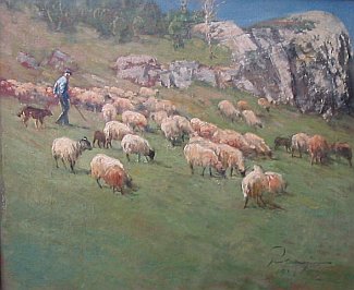 Bild Gemälde - Jozsef Prohaszka - Schafe mit Hüter und Hund