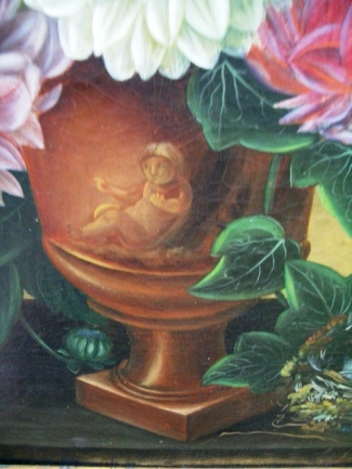 Bild Gemälde - Unbekannter Künstler - Biedermeierliches Blumenstück mit Vase und Vogelnest