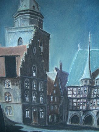 Bild Gemälde - Meister vom Alsfelder Rathaus - Alsfelder Rathaus mit städtischem Weinhaus bei Vollmond